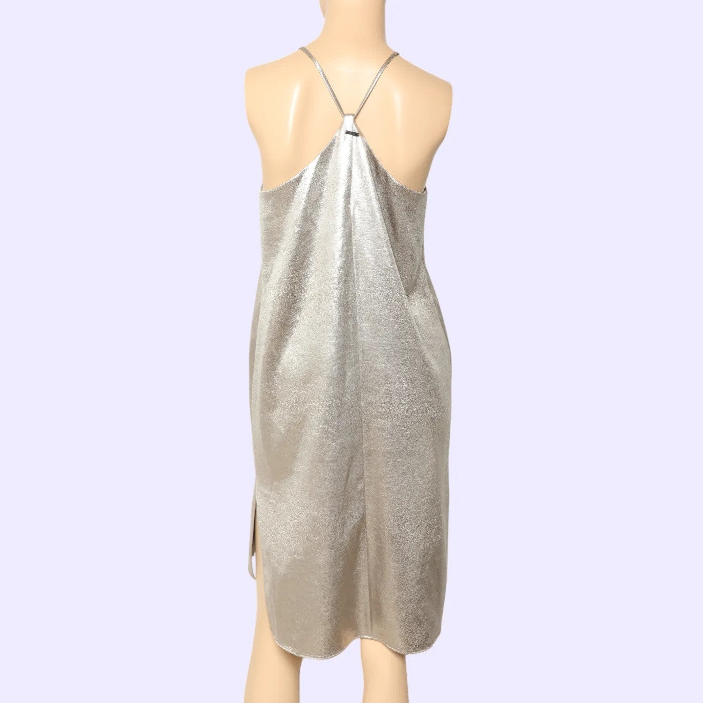 HALSTON HERITAGE Silver Metallic Halter Shift Mini Dress