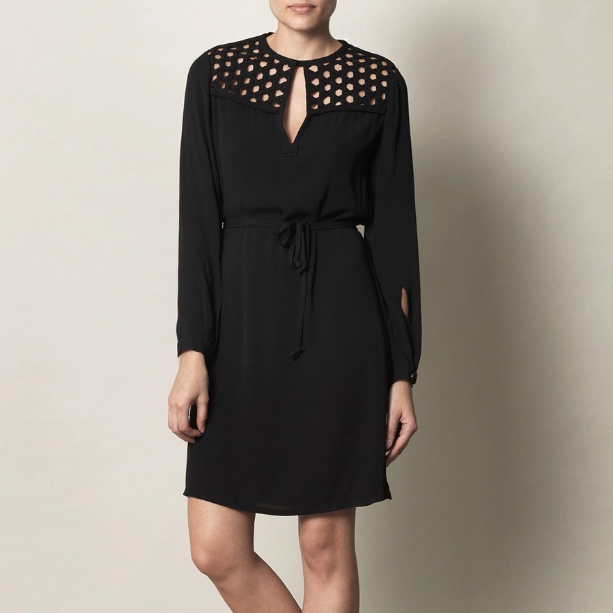 DIANE VON FURSTENBERG Black Woven Cutout Shoulder Shift Dress