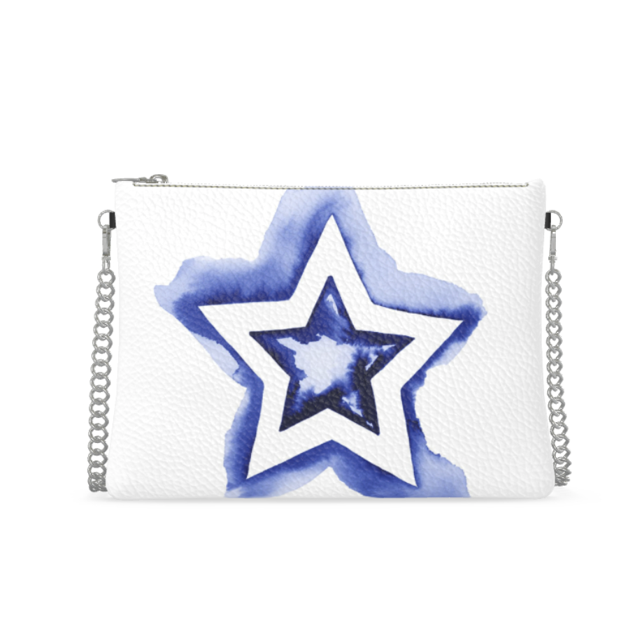 UNTITLED BOUTIQUE White and Blue Leather Star Crossbody Bag with Silver Chain - Limited Edition