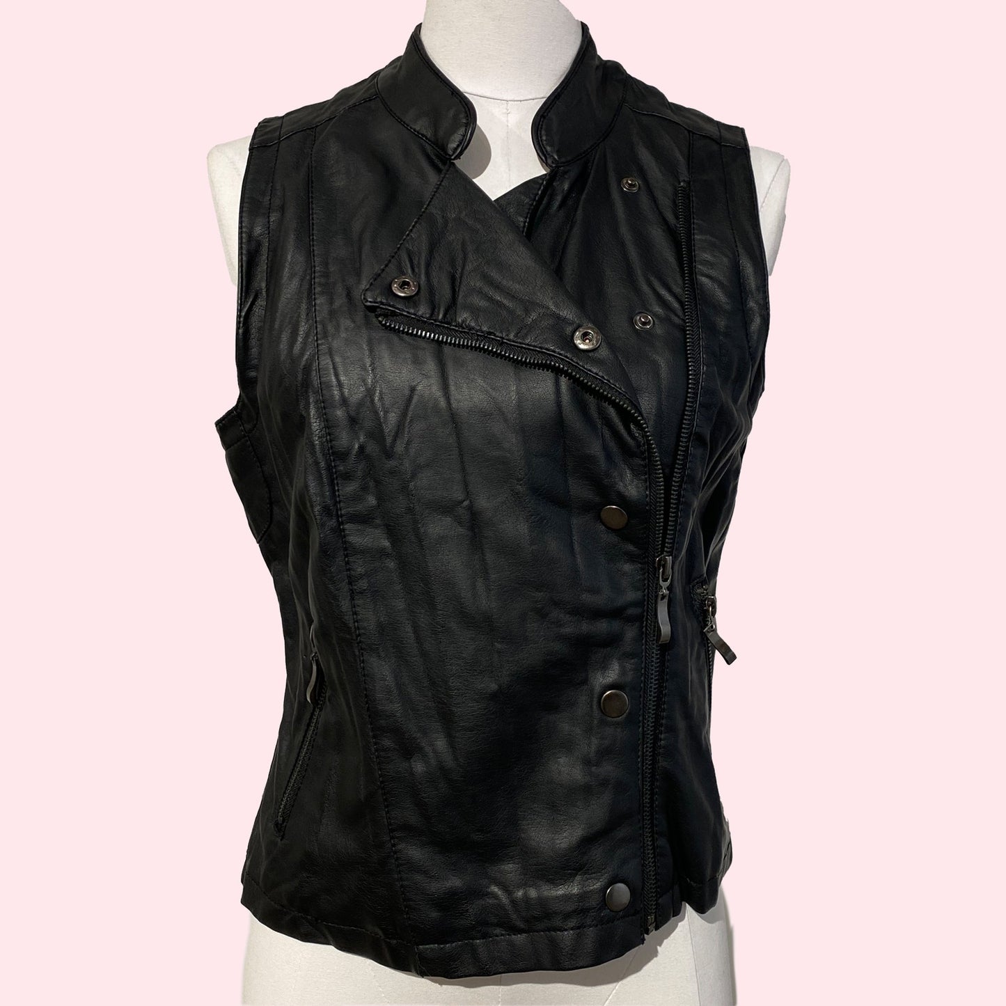 DENIM CO Vintage Leather Vest with Zips and Snaps