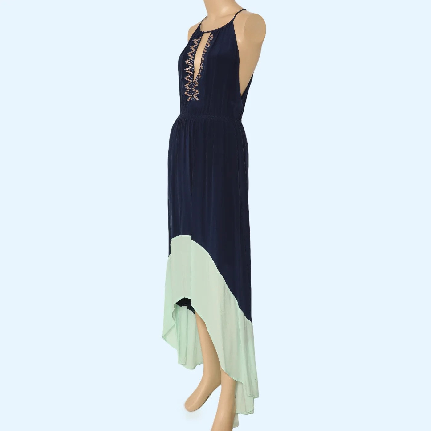CHELSEA FLOWER Navy Blue and Mint Colorblock Beaded Silk High Low Maxi Dress