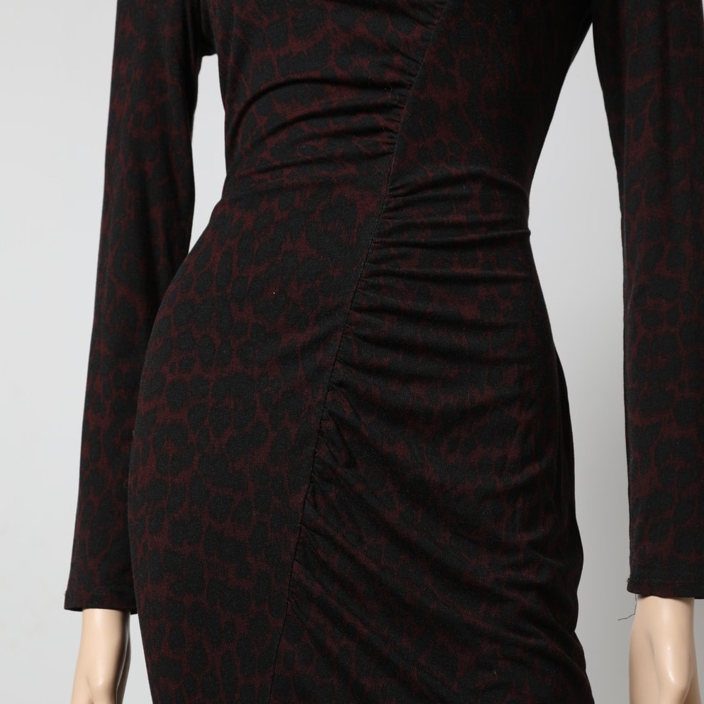 WHISTLES Black Red Cheetah Print Ruched Bodycon Dress