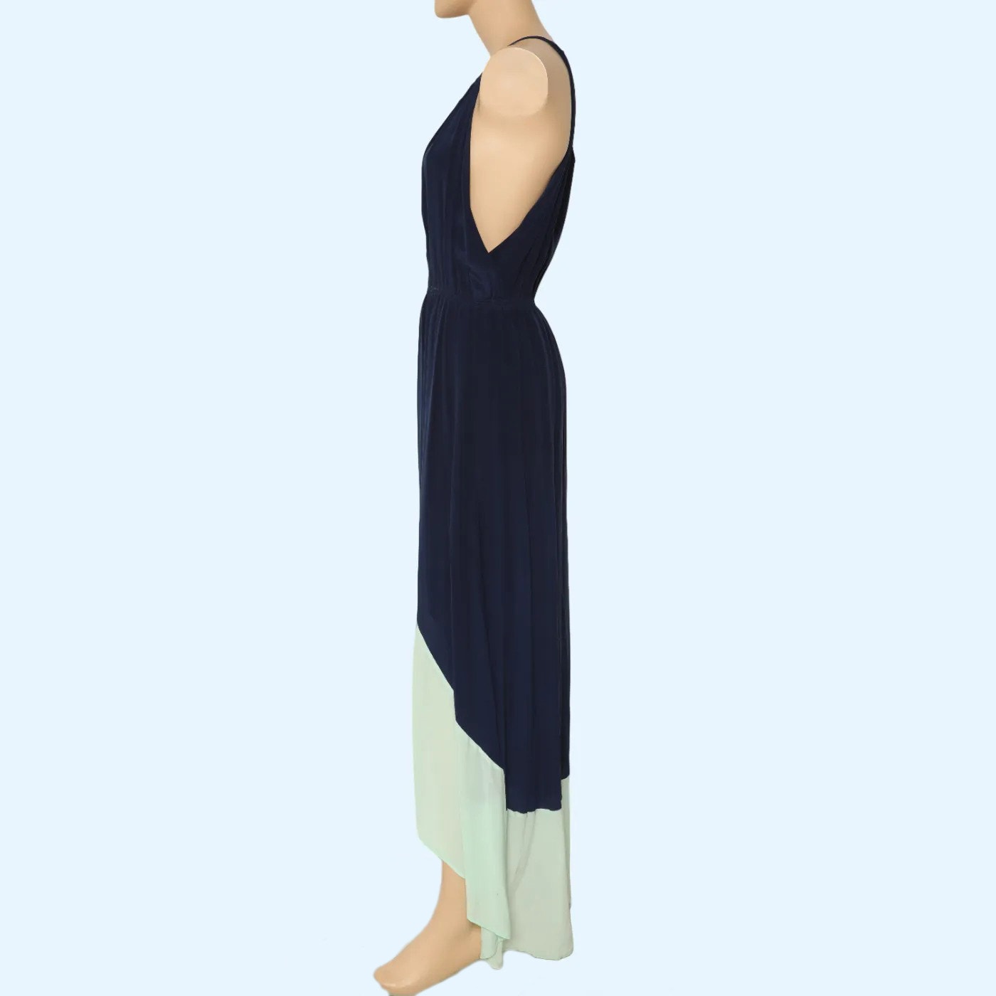 CHELSEA FLOWER Navy Blue and Mint Colorblock Beaded Silk High Low Maxi Dress