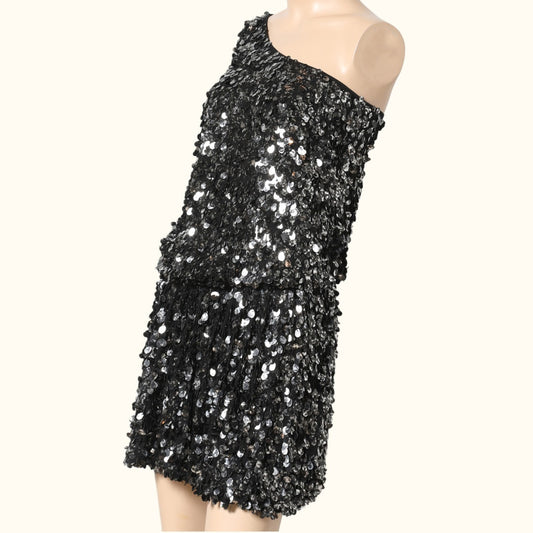 TIBI Black One Shoulder Silk Sequin Mini Dress