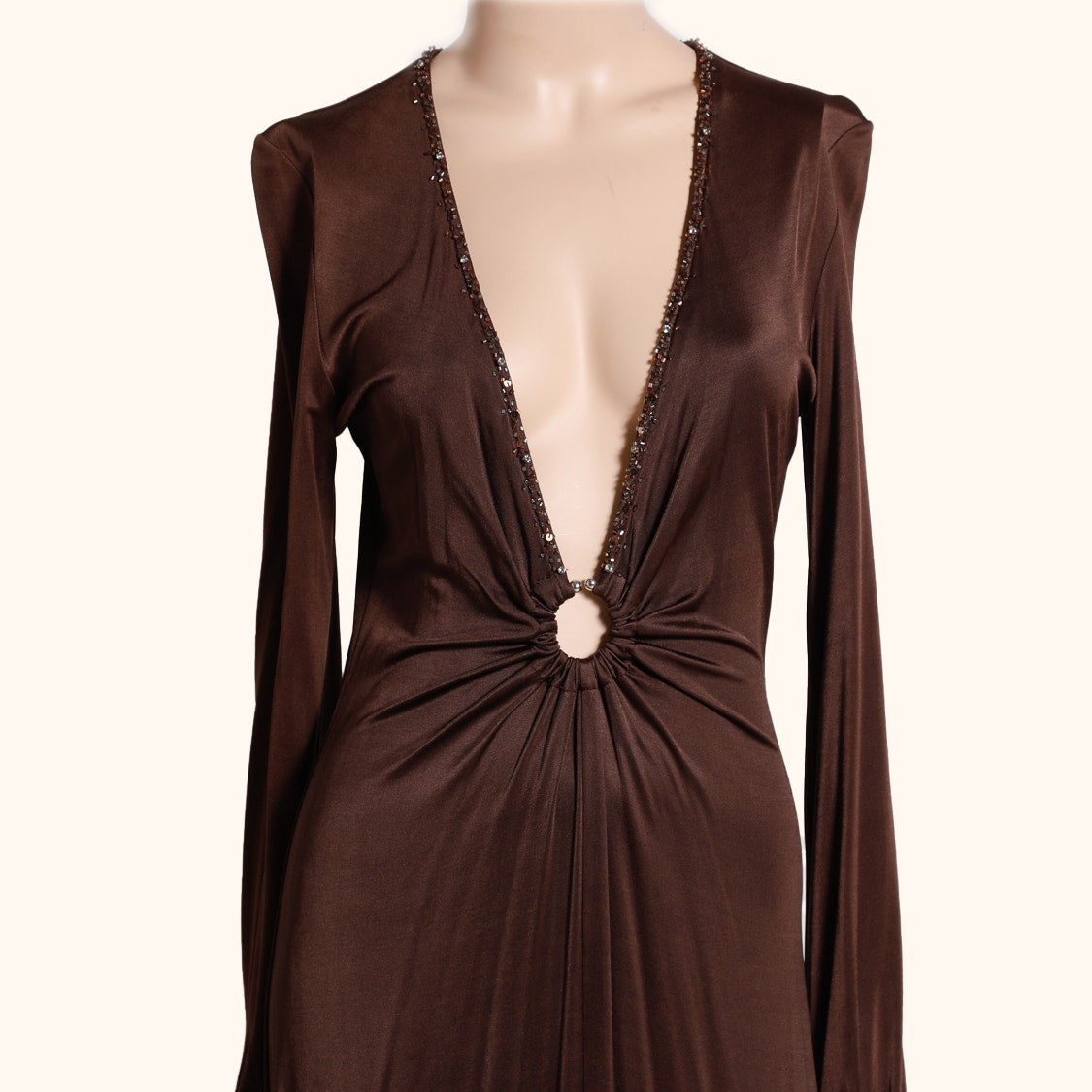 BCBGMAXAZRIA Brown Long Sleeve V Neck Maxi Dress Gown