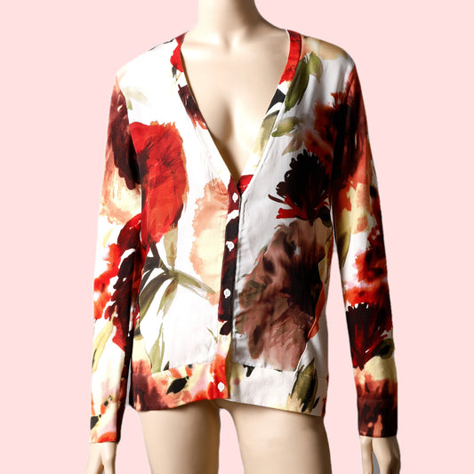 HAUTE HIPPIE Orange, Red and Cream Silk Floral Printed Cardigan