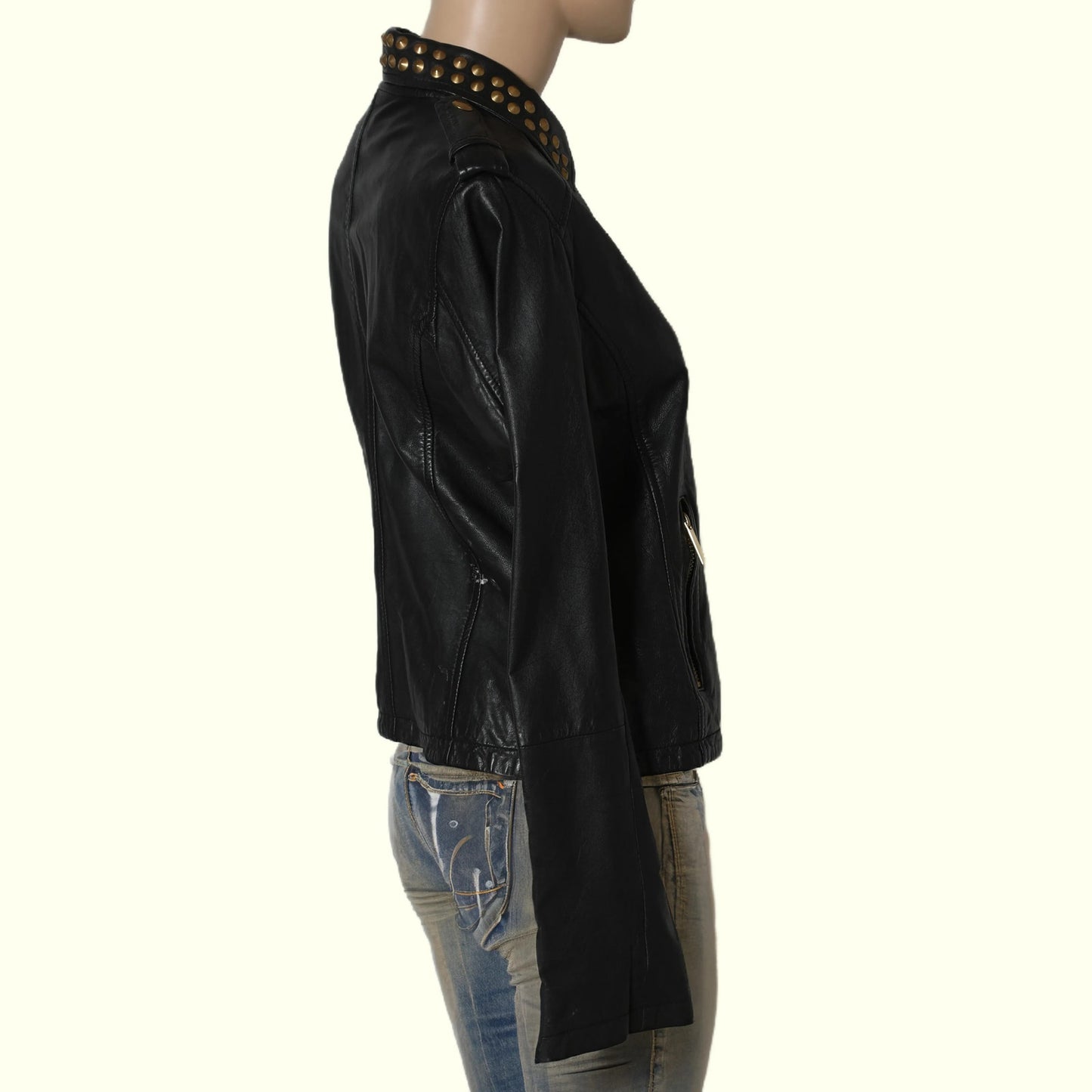 AQUA Leather Moto Jacket with Gold Studs