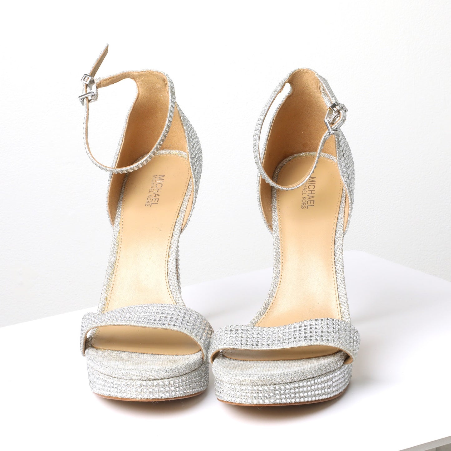 MICHAEL KORS Jordyn Silver Crystal Embellished Mesh Platform High Heel Sandals