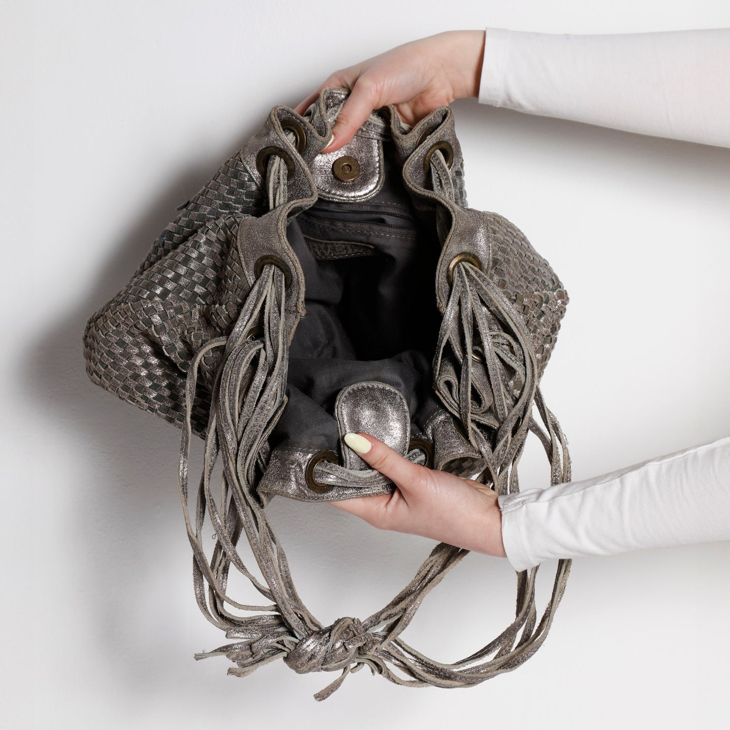 CARVELA Grey and Silver Vintage Metallic Woven Leather Shoulder Bag