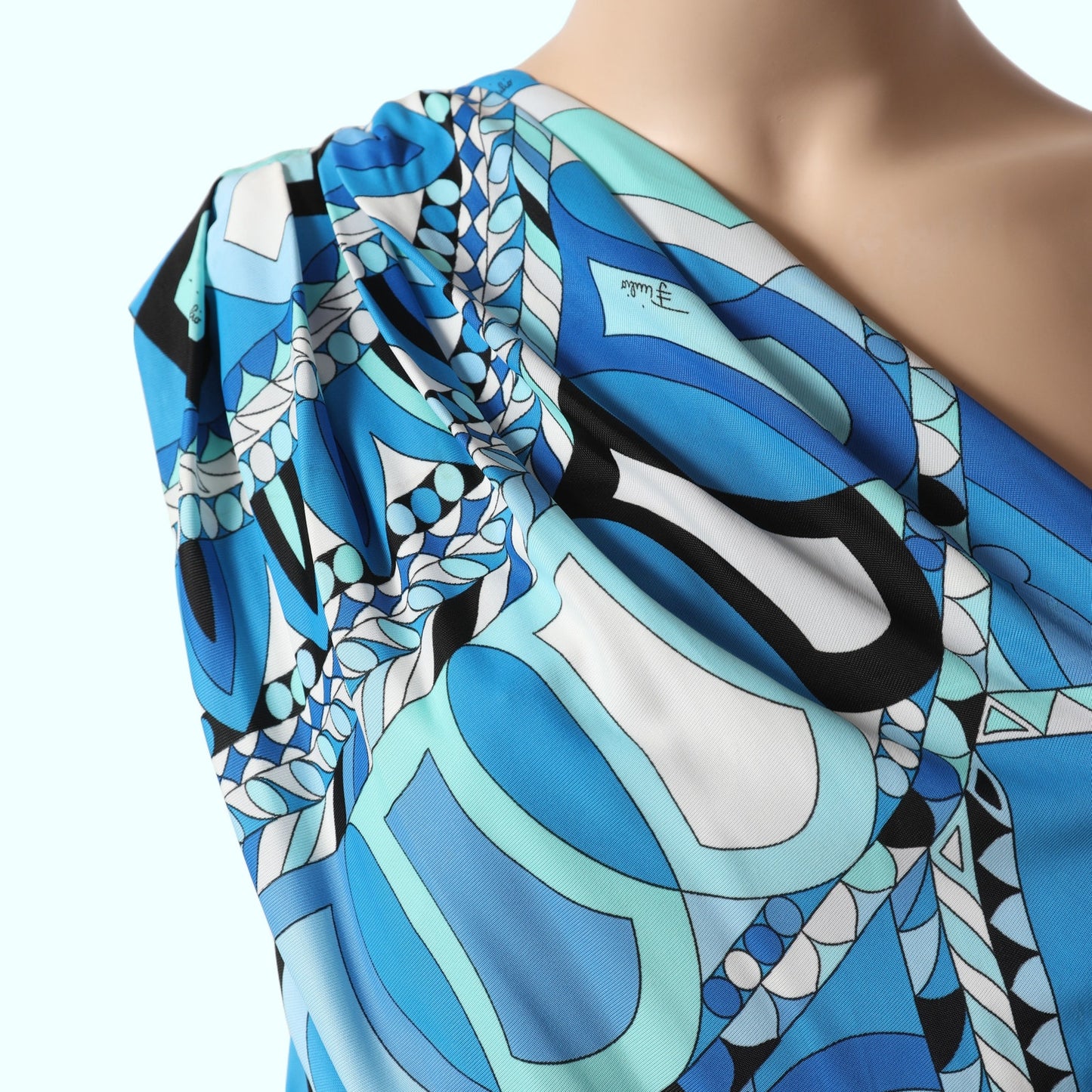 EMILIO PUCCI Blue, White, Turquoise Vintage One Shoulder Printed Dress