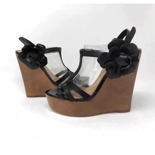 BADGLEY MISCHKA Black Leather Floral Wooden Platform Wedge Sandals