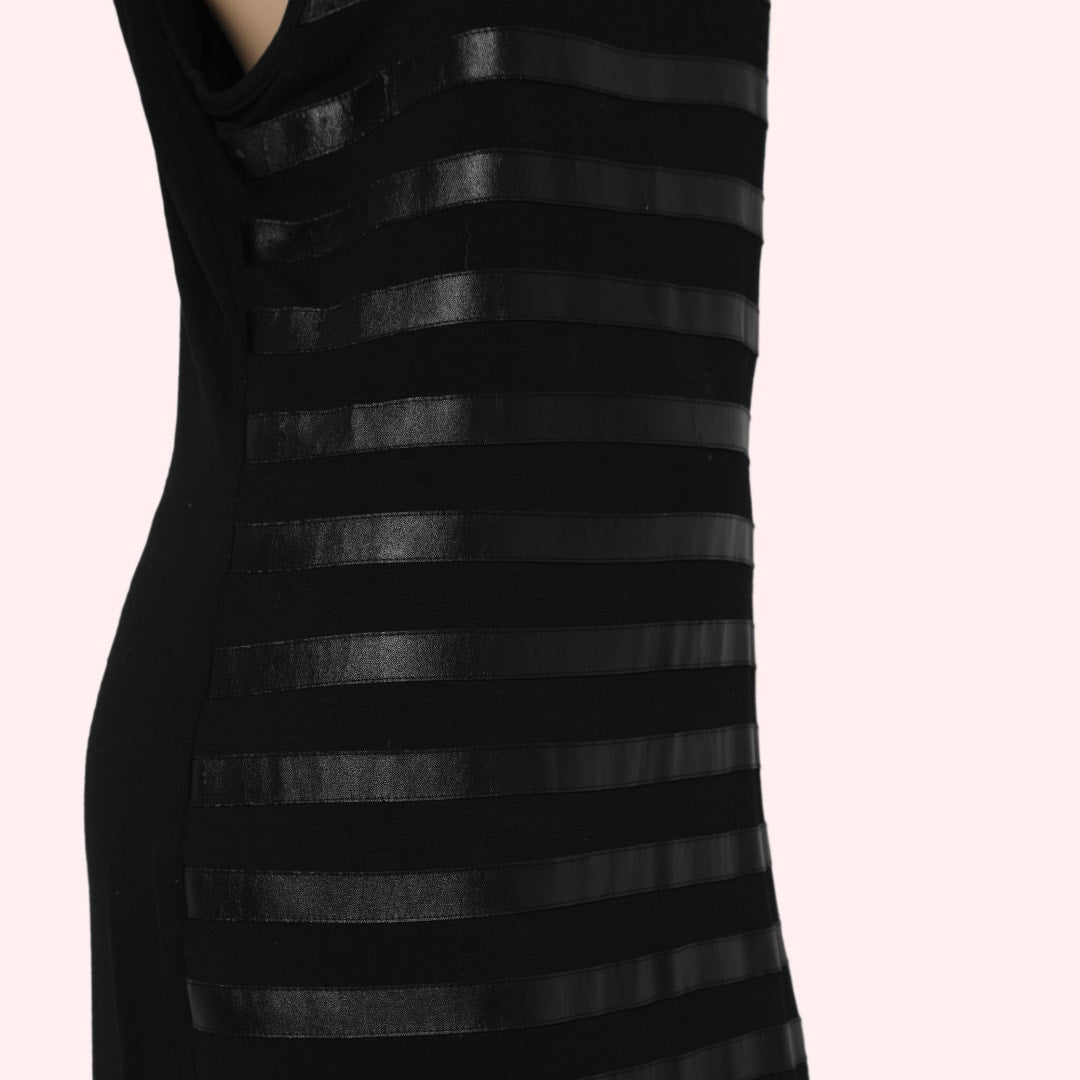 VINCE CAMUTO Black Sleeveless Midi Dress with Faux Leather Stripes