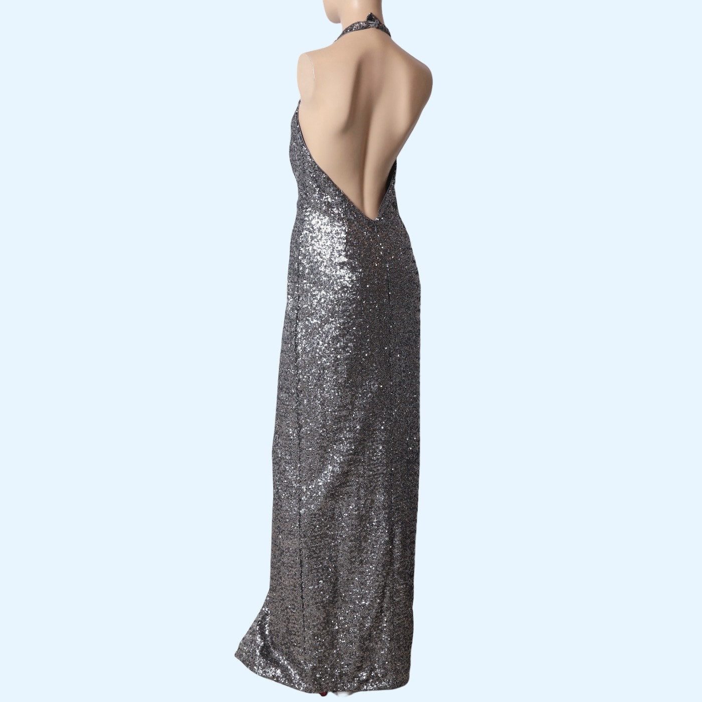 HALSTON Heritage Silver Sequin Halter Deep V-Neck Maxi Dress Gown