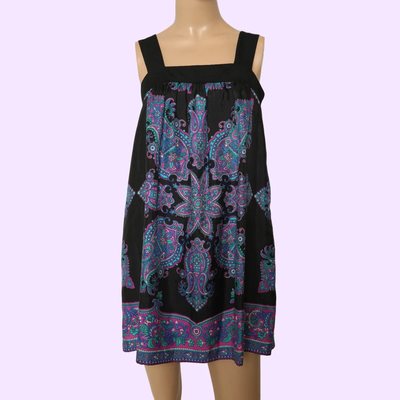 TIBI Black Blue Purple Paisley Silk Sleeveless Shift Mini Dress
