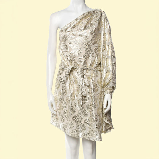 MELISSA ODABASH Gold Shimmer One Shoulder Belted Mini Dress