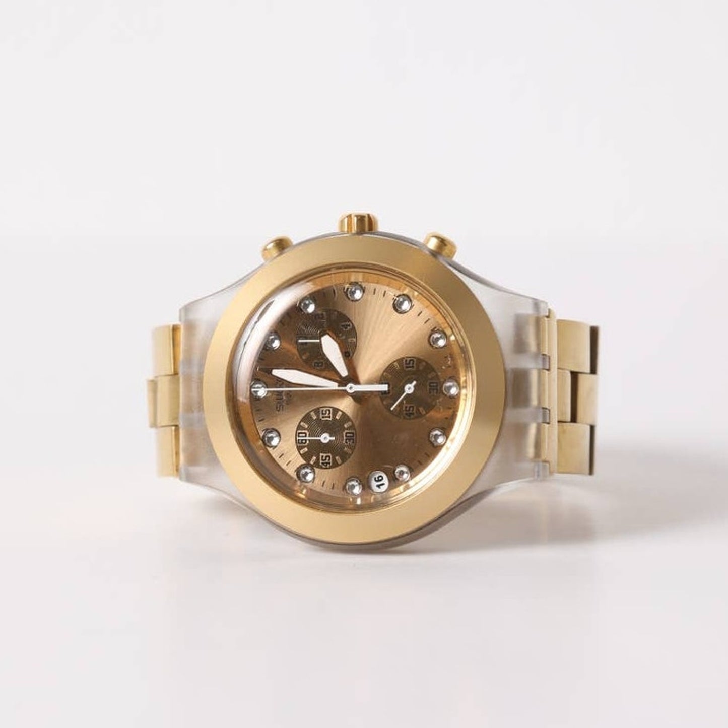 SWATCH Rare Vintage Y2K Gold Chronograph Watch With Rhinestones