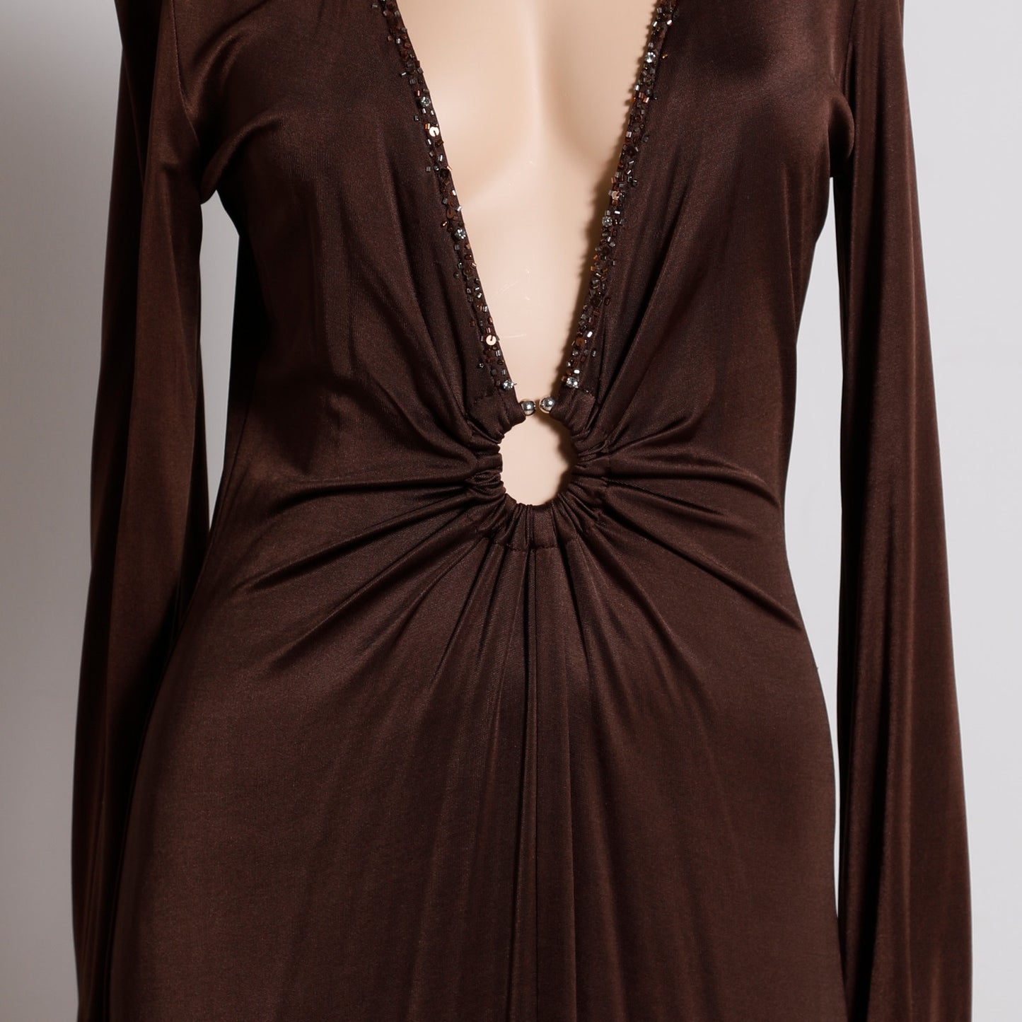 BCBGMAXAZRIA Brown Long Sleeve V Neck Maxi Dress Gown