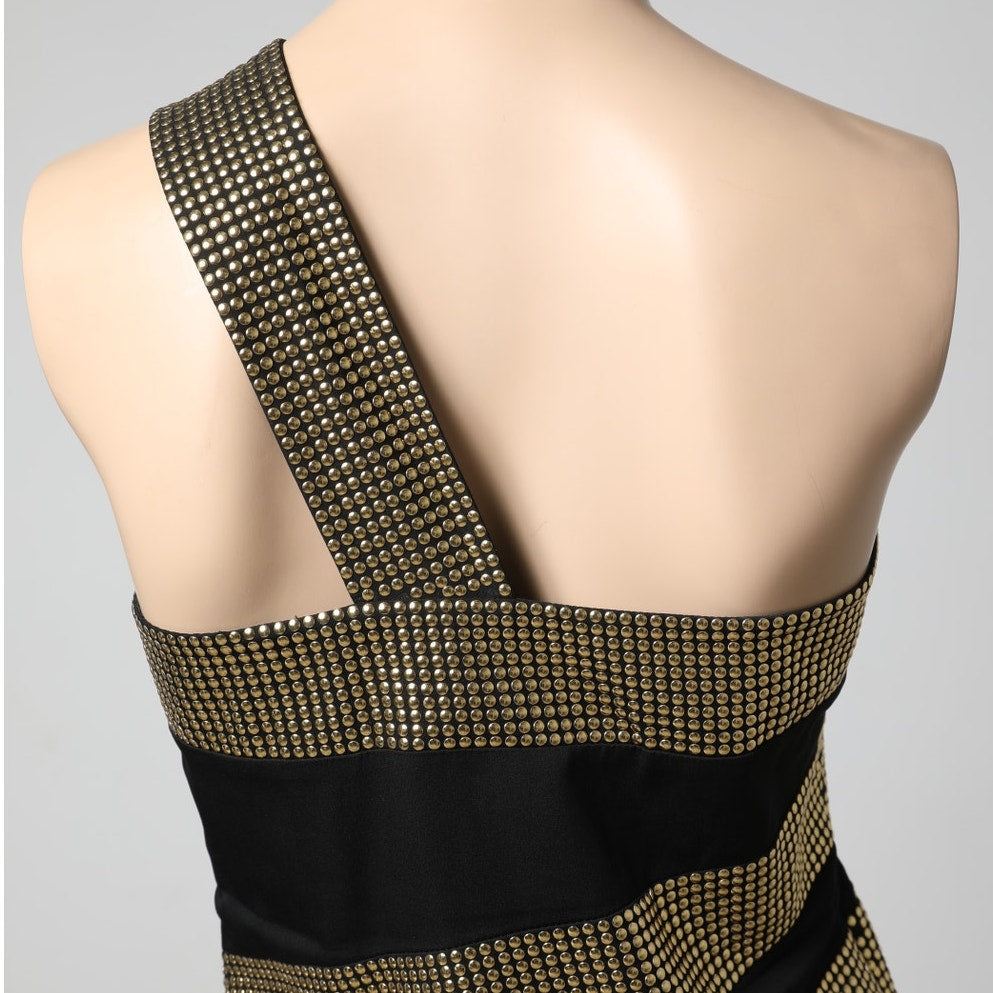 ROBERT RODRIGUEZ Black Gold Studded One-Shoulder Mini Dress