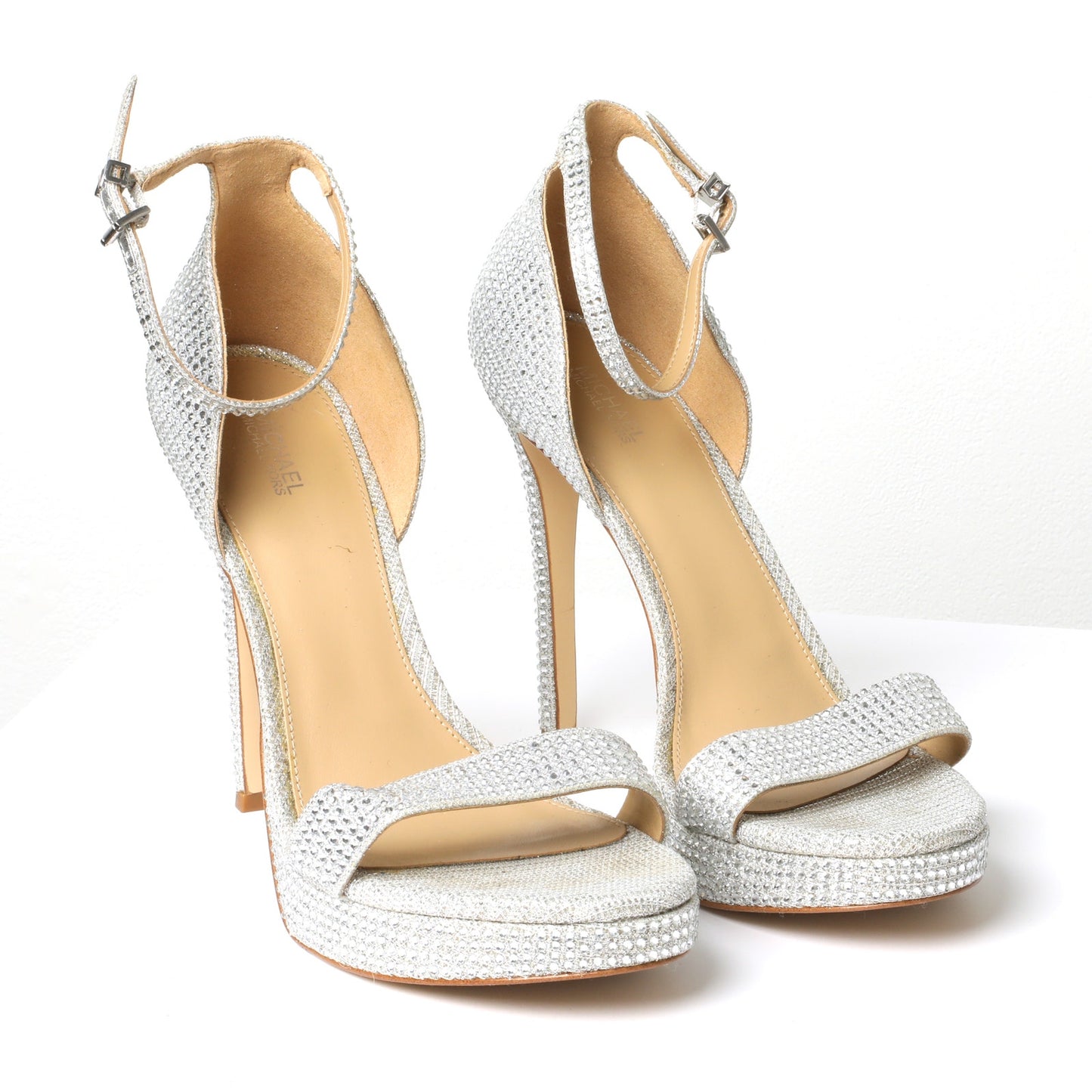 MICHAEL KORS Jordyn Silver Crystal Embellished Mesh Platform High Heel Sandals