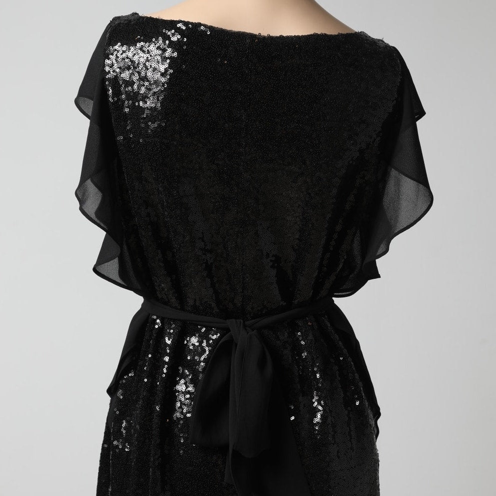 MICHAEL KORS Black Sequin Ruffle Sleeve Shift Dress
