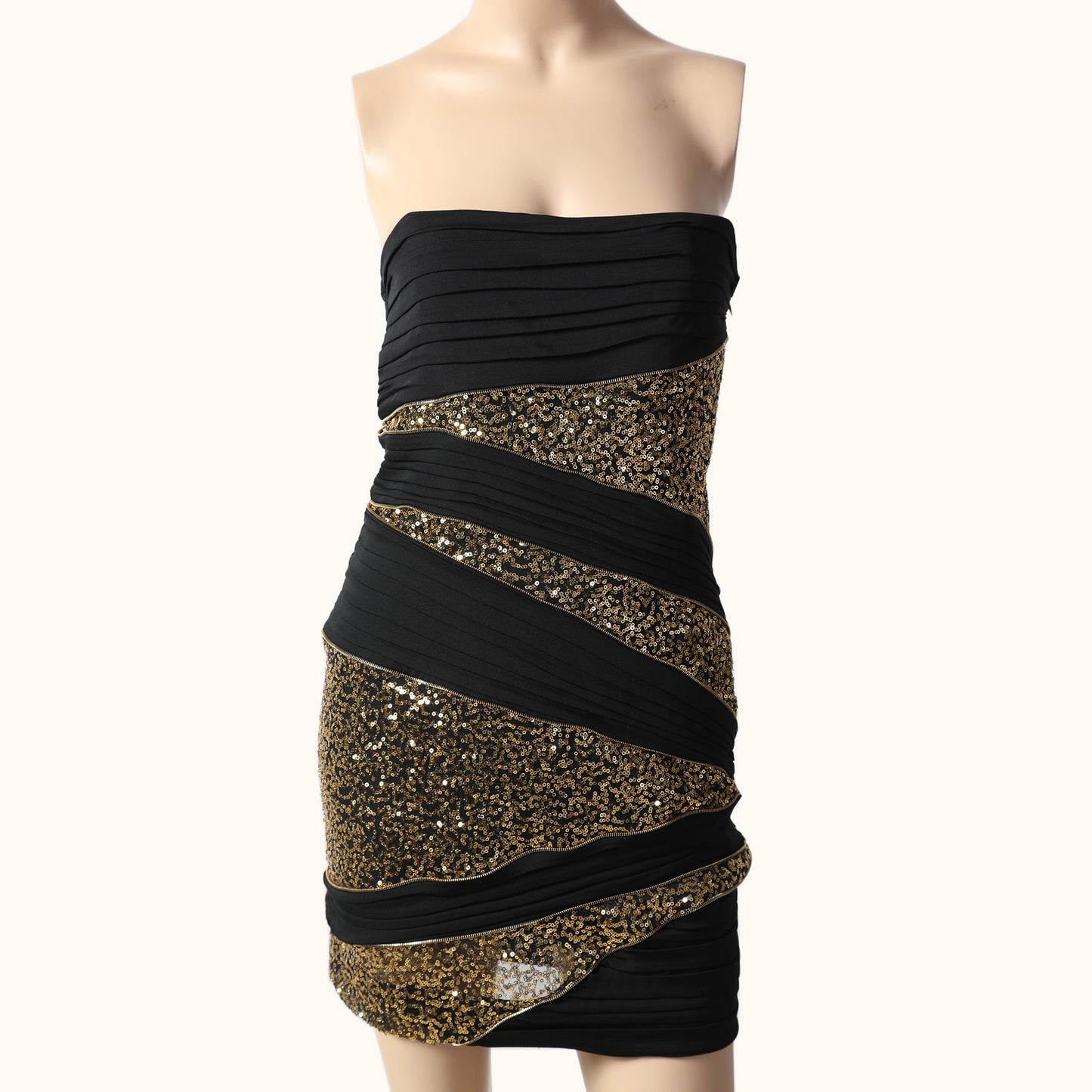 ROBERT RODRIGUEZ Black and Gold Strapless Sequin Silk Dress