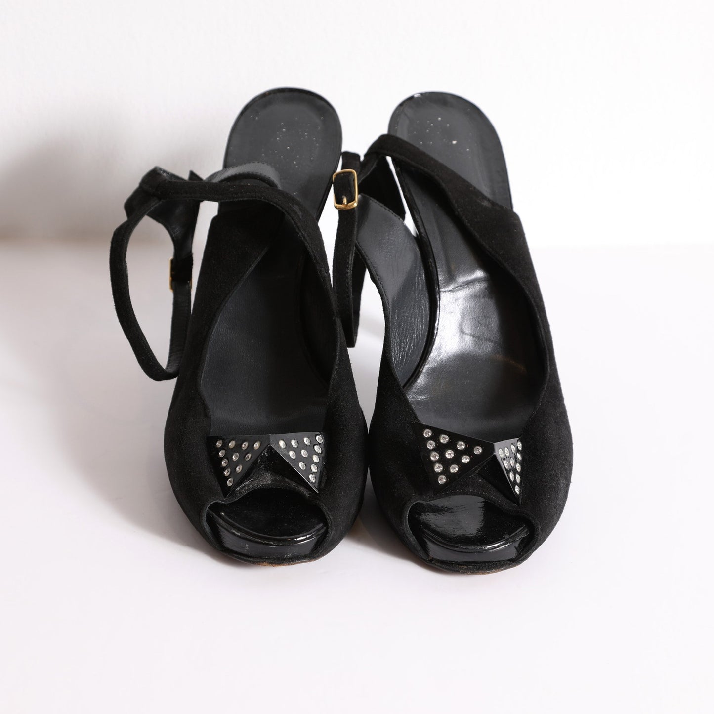 GEORGINA GOODMAN Vintage Black Suede Slingback Peep Toe Heels with Crystal