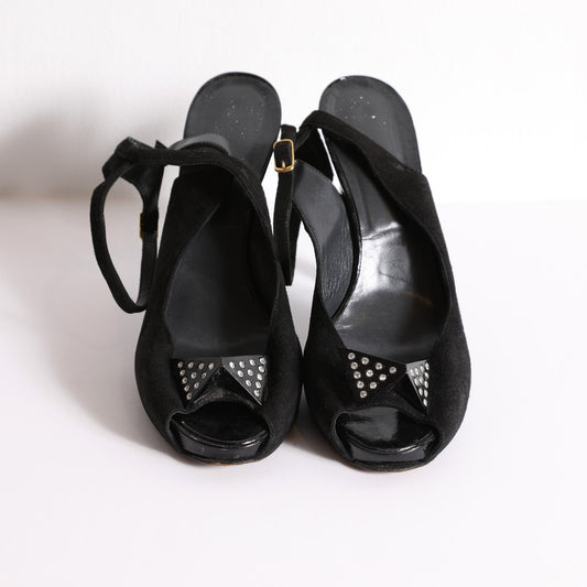 GEORGINA GOODMAN Vintage Black Suede Slingback Peep Toe Heels with Crystal