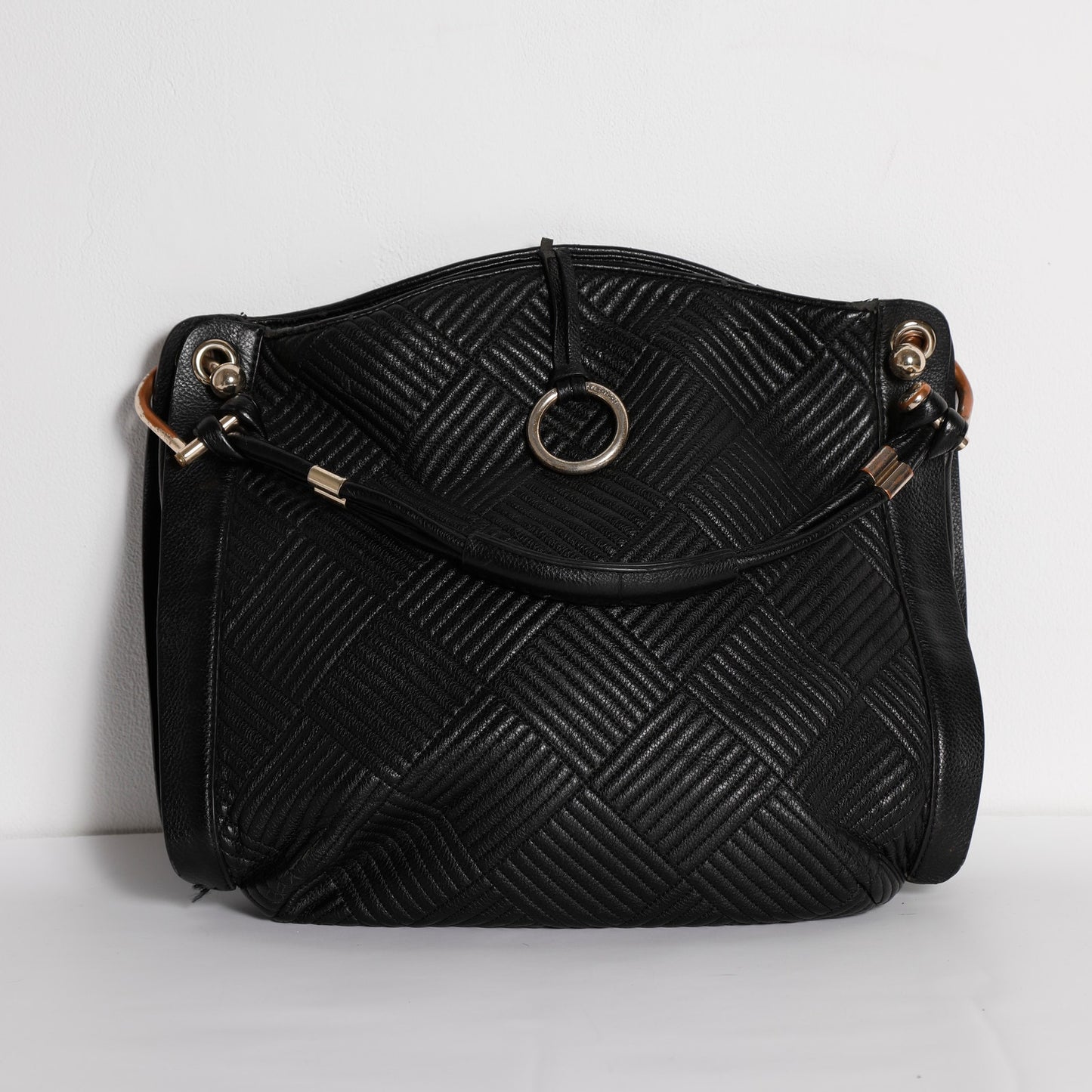 BCBGMAXAZRIA Vintage Black Leather Textured Shoulder Bag Tote