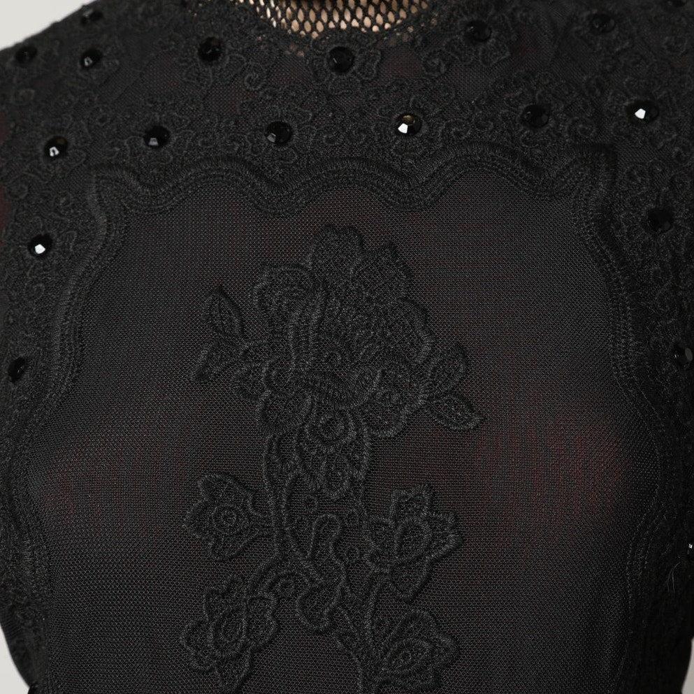 VIVIENNE TAM Black and Red Mesh and Lace Embroidered Long Sleeve Dress