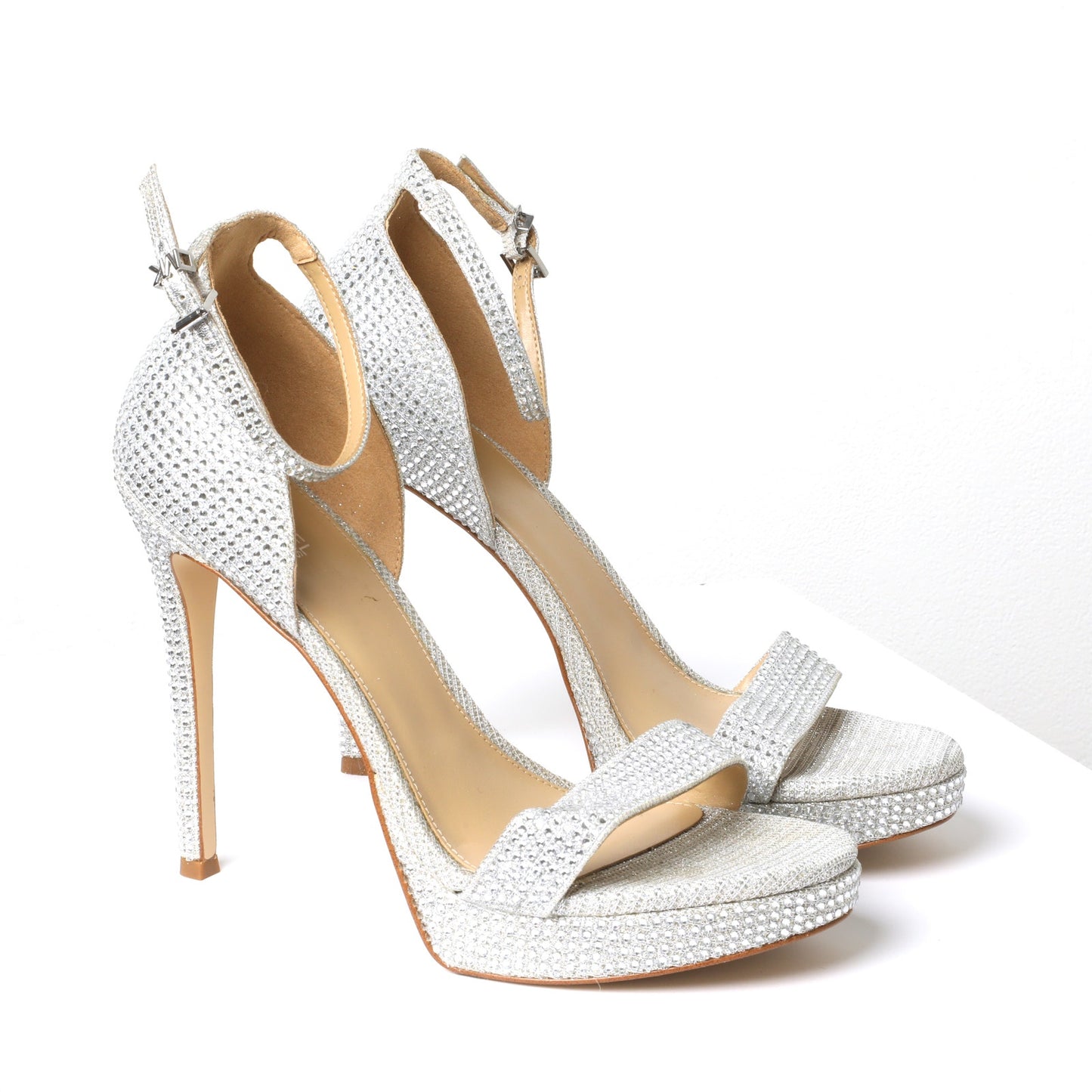 MICHAEL KORS Jordyn Silver Crystal Embellished Mesh Platform High Heel Sandals