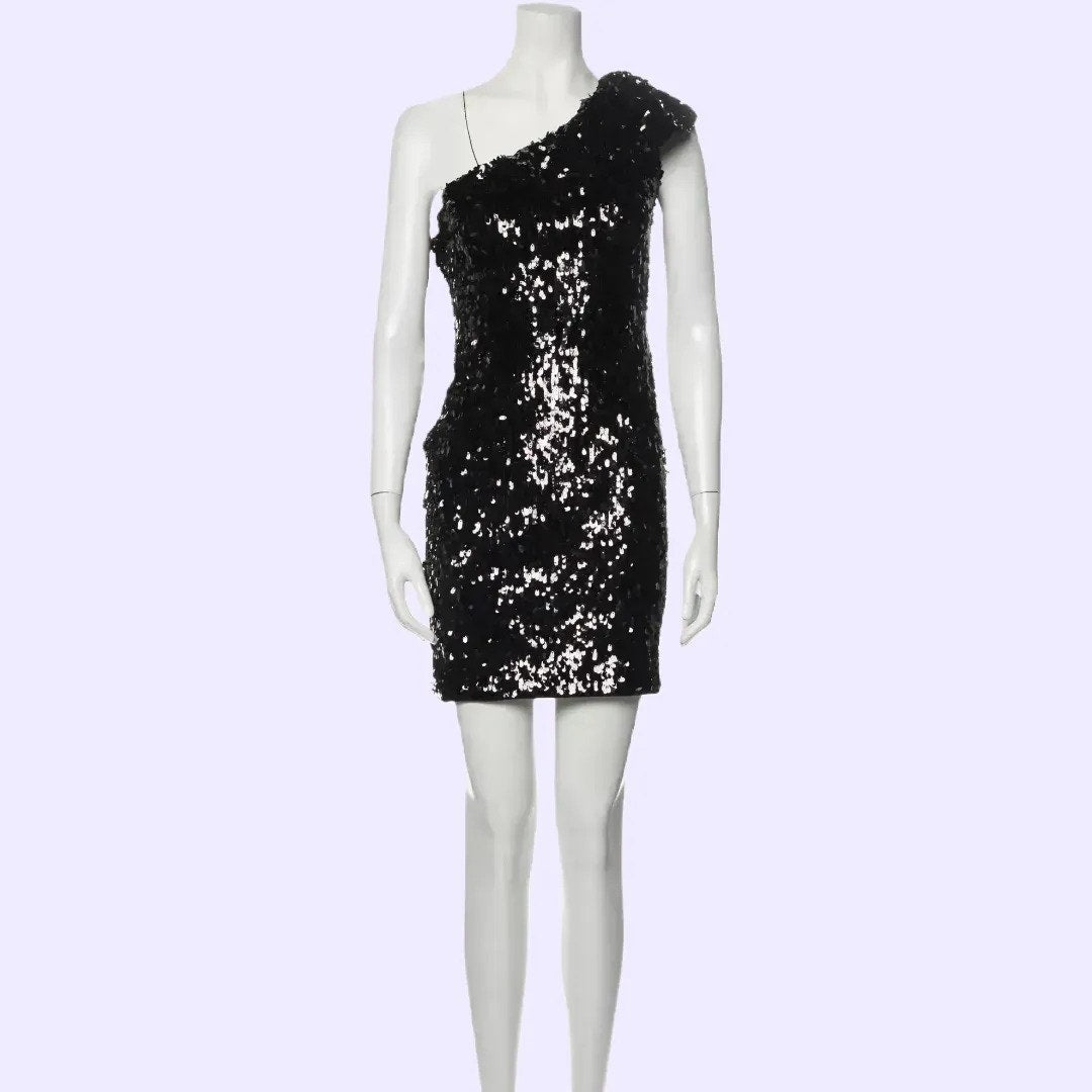 AIDAN MATTOX Black One Shoulder Sequin Mini Dress