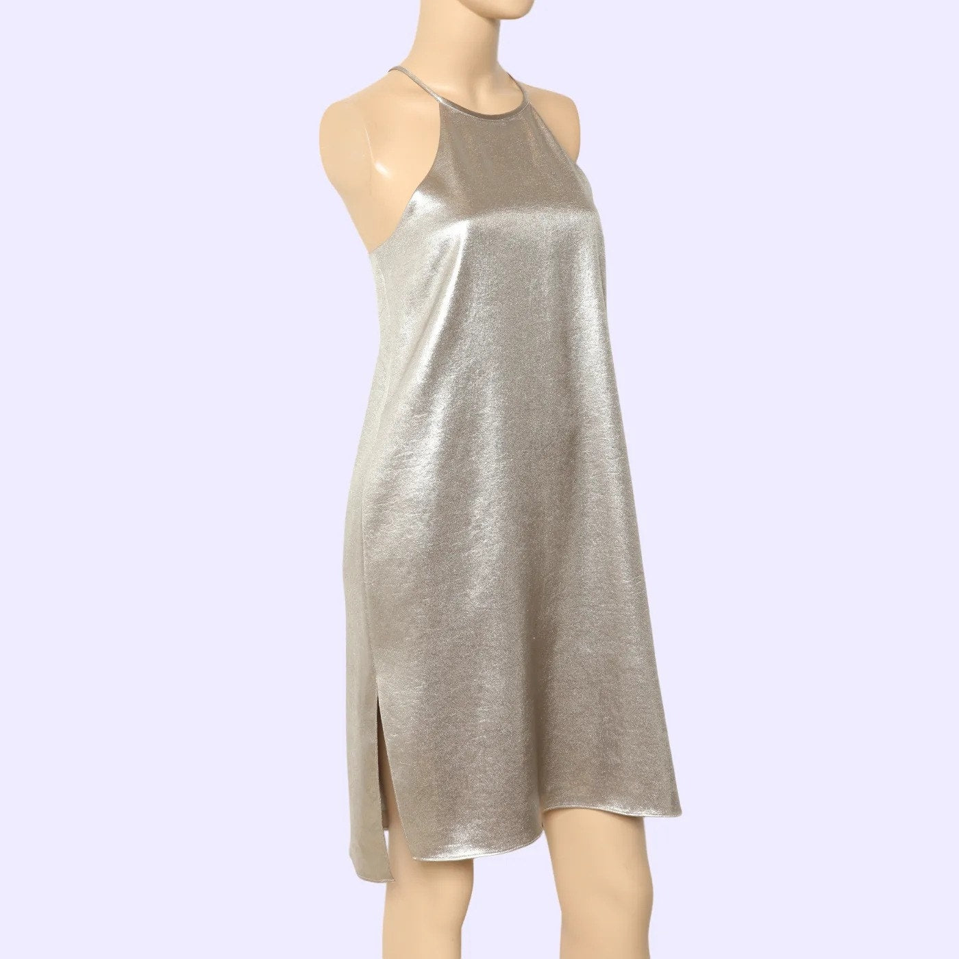 HALSTON HERITAGE Silver Metallic Halter Shift Mini Dress