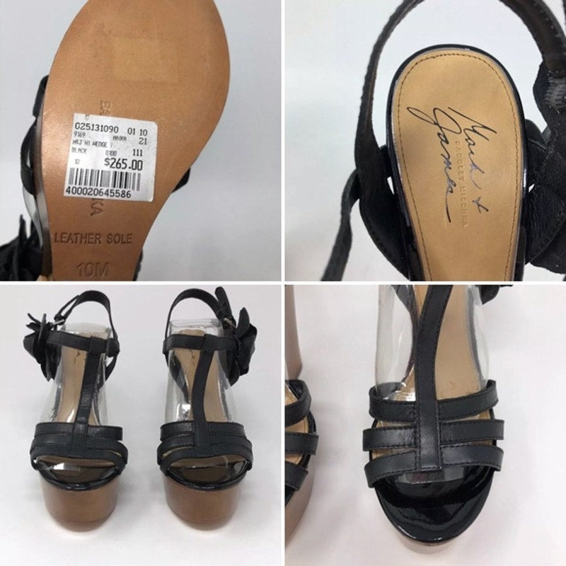BADGLEY MISCHKA Black Leather Floral Wooden Platform Wedge Sandals
