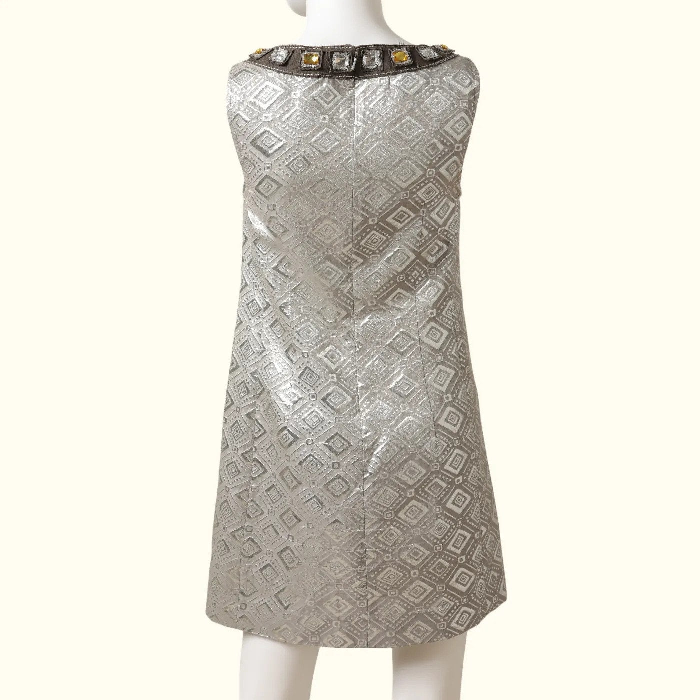 TORY BURCH Vintage Silver Metallic Brocade Embellished Shift Mini Dress