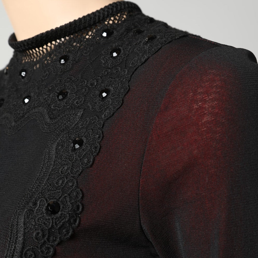 VIVIENNE TAM Black and Red Mesh and Lace Embroidered Long Sleeve Dress