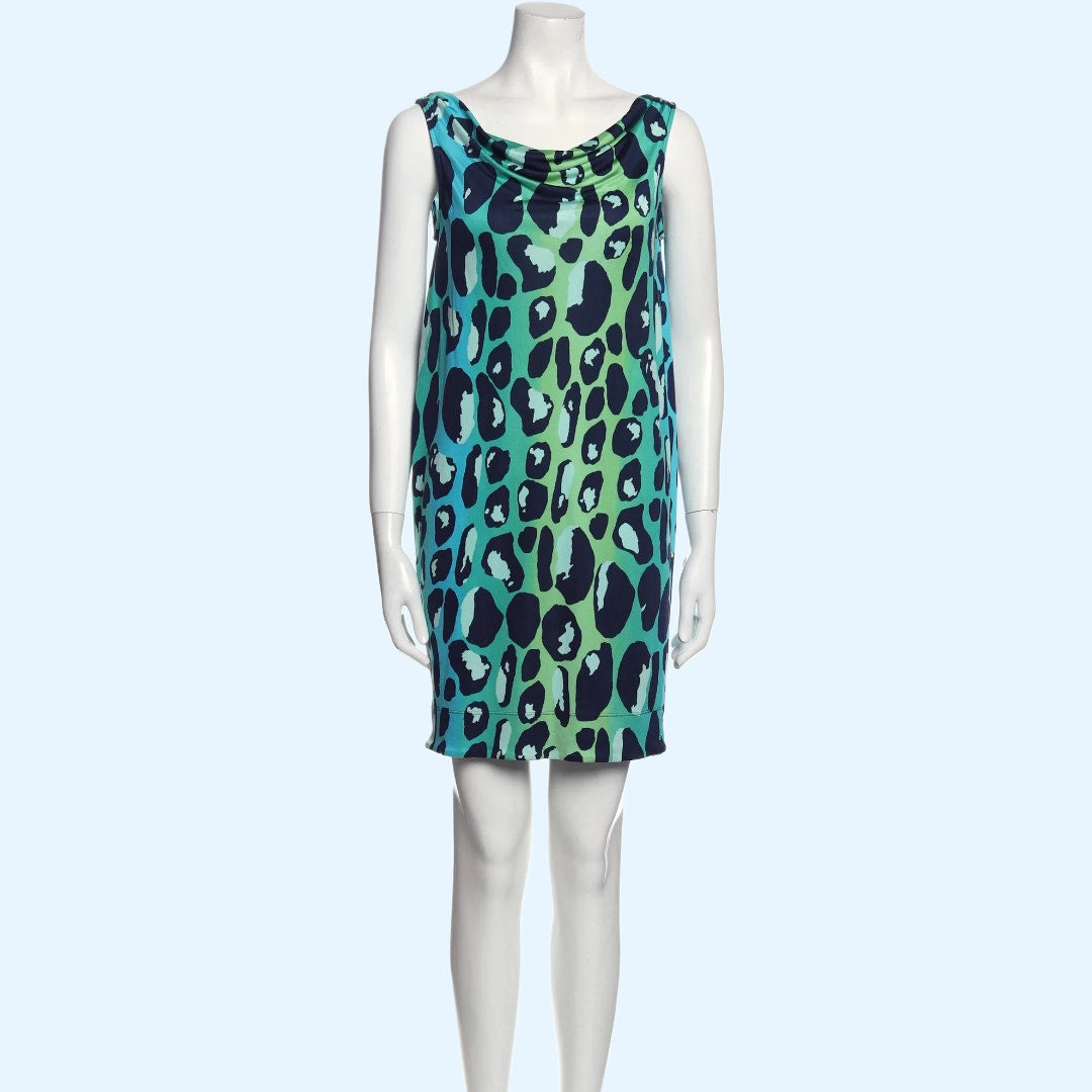 DIANE VON FURSTENBERG Blue Green Animal Print Silk Mini Dress
