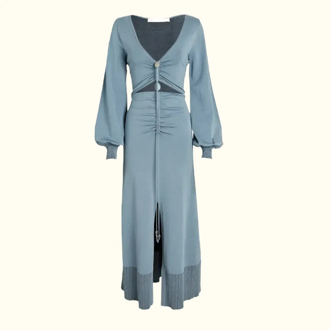 JONATHAN SIMKHAI Blue Slate Cut-Out Knit Maxi Inez Dress