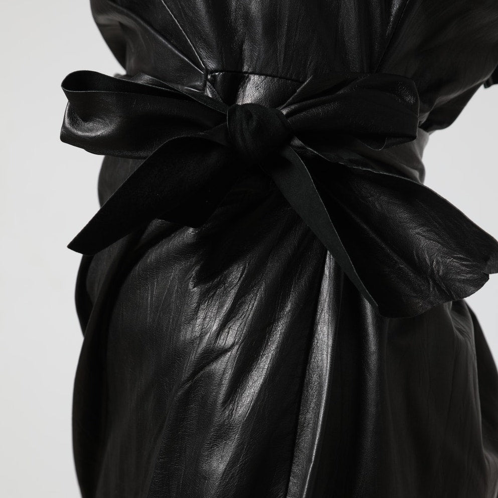 DIANE VON FURSTENBERG Black Leather Mini Sheath Della Dress w/ Side Tie Belt