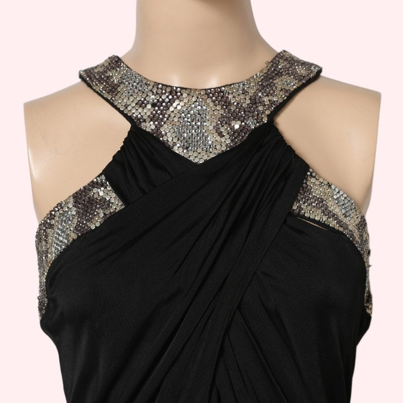 ROBERTO CAVALLI Black Halter Mini Dress With Embellished Neckline