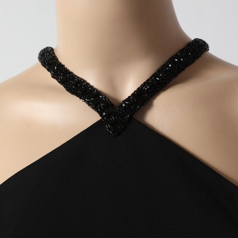 CARMEN MARC VALVO Black Beaded Crossover Halter Sheath Dress