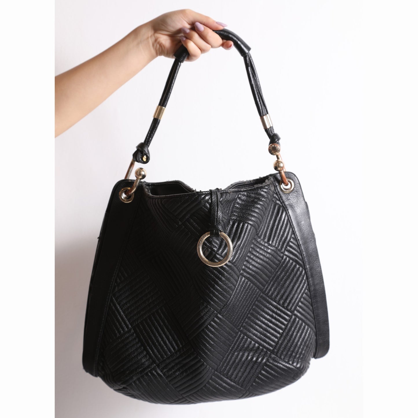 BCBGMAXAZRIA Vintage Black Leather Textured Shoulder Bag Tote