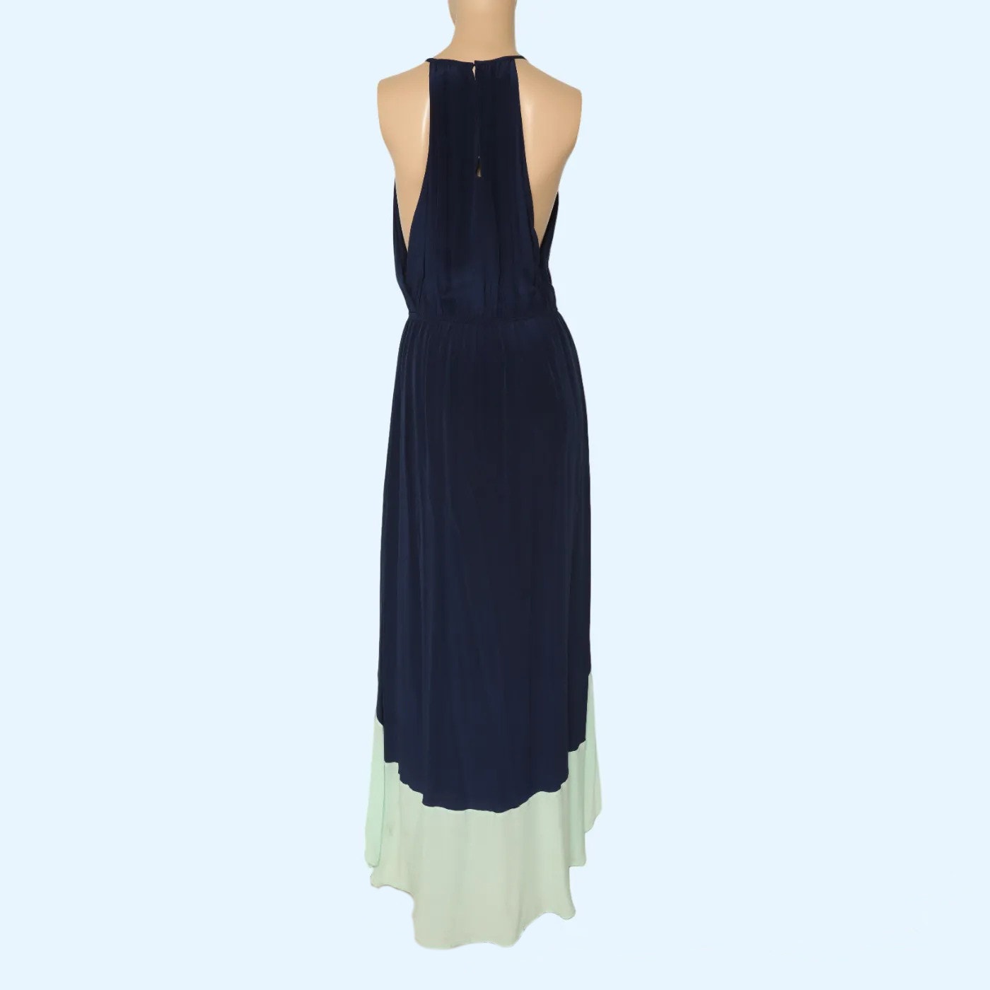CHELSEA FLOWER Navy Blue and Mint Colorblock Beaded Silk High Low Maxi Dress