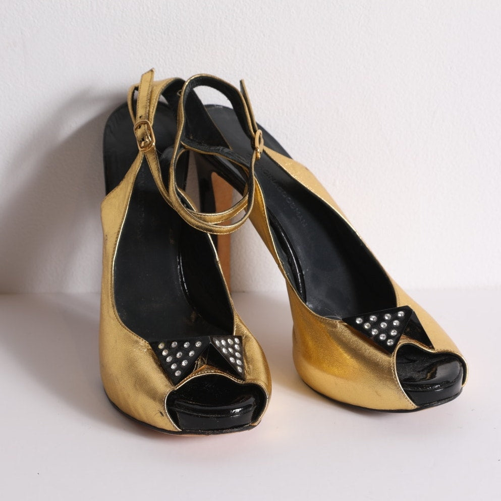 GEORGINA GOODMAN Vintage Gold Leather Slingback Platform Heels With Crystal