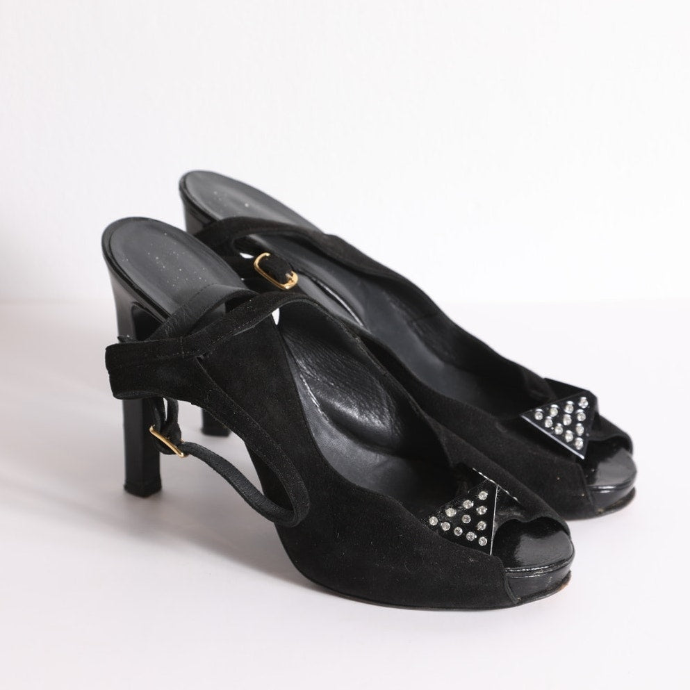 GEORGINA GOODMAN Vintage Black Suede Slingback Peep Toe Heels with Crystal