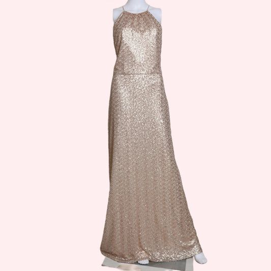 AMSALE Rose Gold Sequin Halterneck Maxi Evening Gown w/ Tags