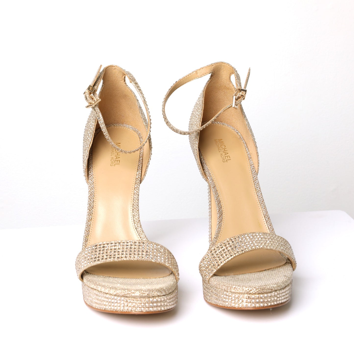 MICHAEL KORS Jordyn Gold Crystal Embellished Platform High Heel Sandal