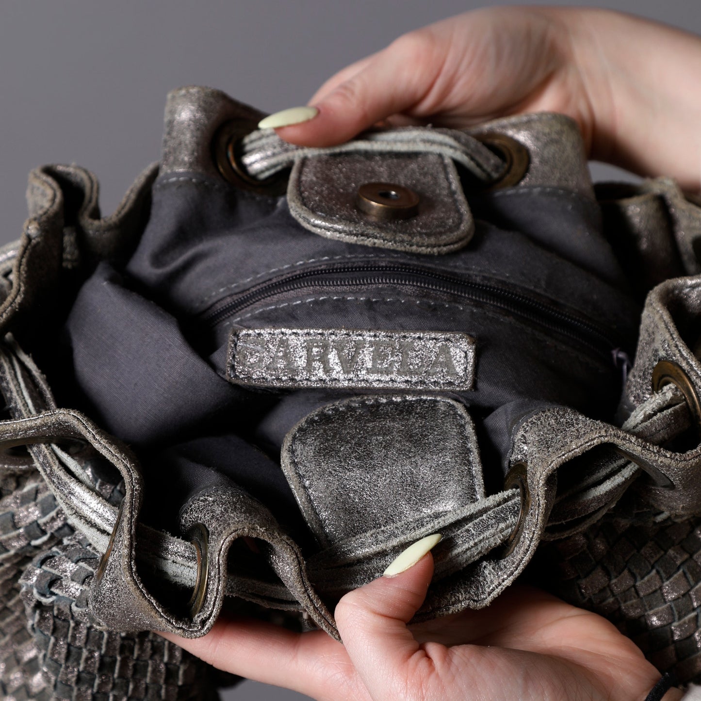 CARVELA Grey and Silver Vintage Metallic Woven Leather Shoulder Bag