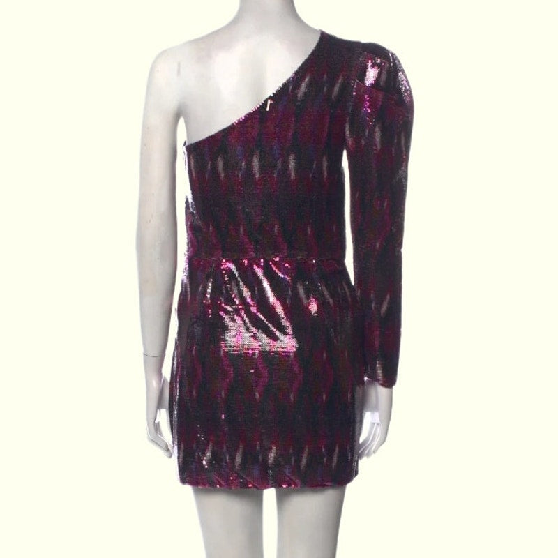 MISA Los Angeles Pink Purple Metallic One Shoulder Ruched Mini Dress
