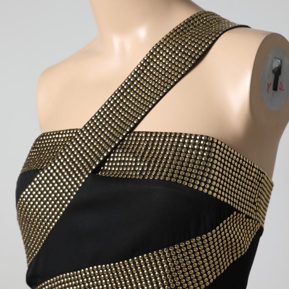 ROBERT RODRIGUEZ Black Gold Studded One-Shoulder Mini Dress
