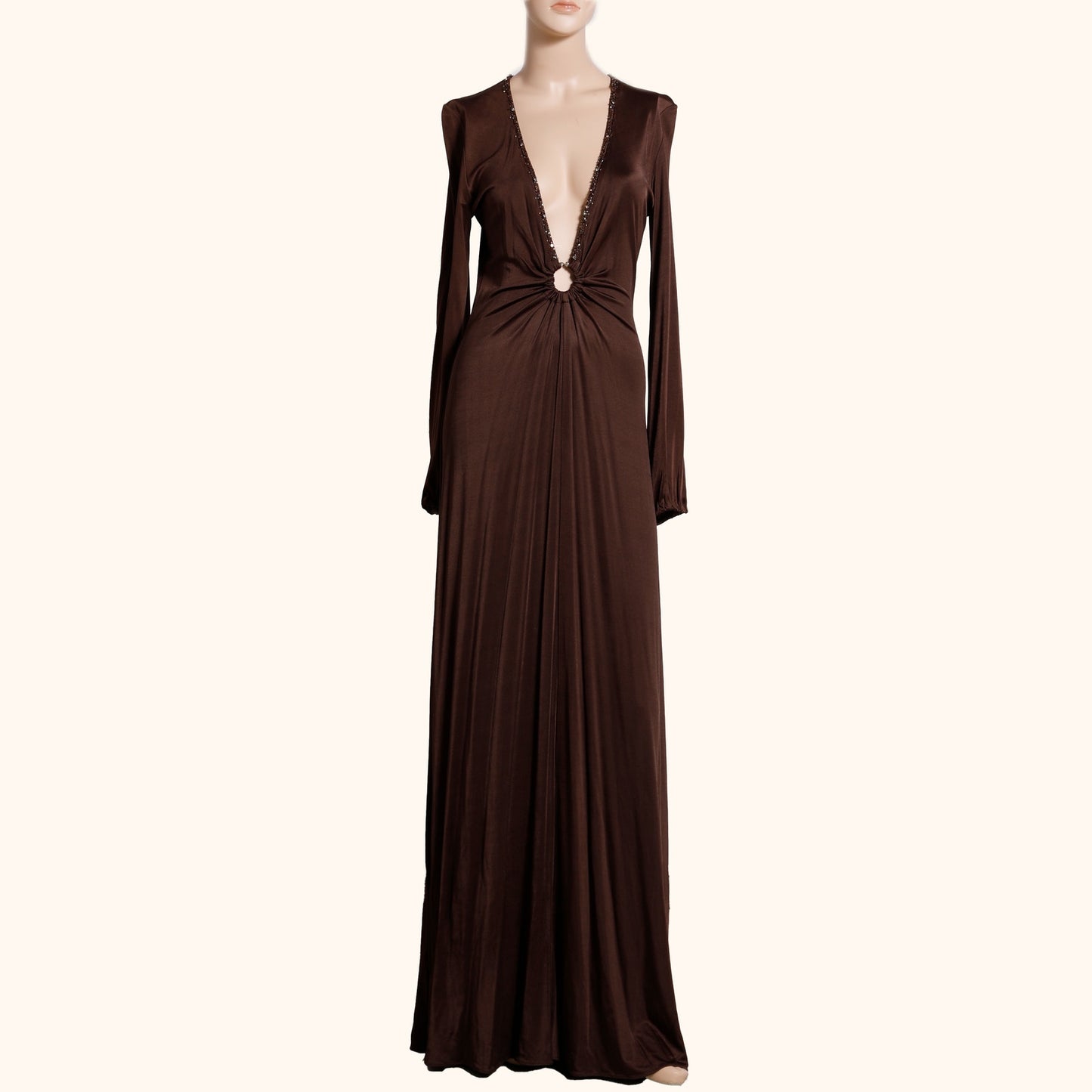 BCBGMAXAZRIA Brown Long Sleeve V Neck Maxi Dress Gown